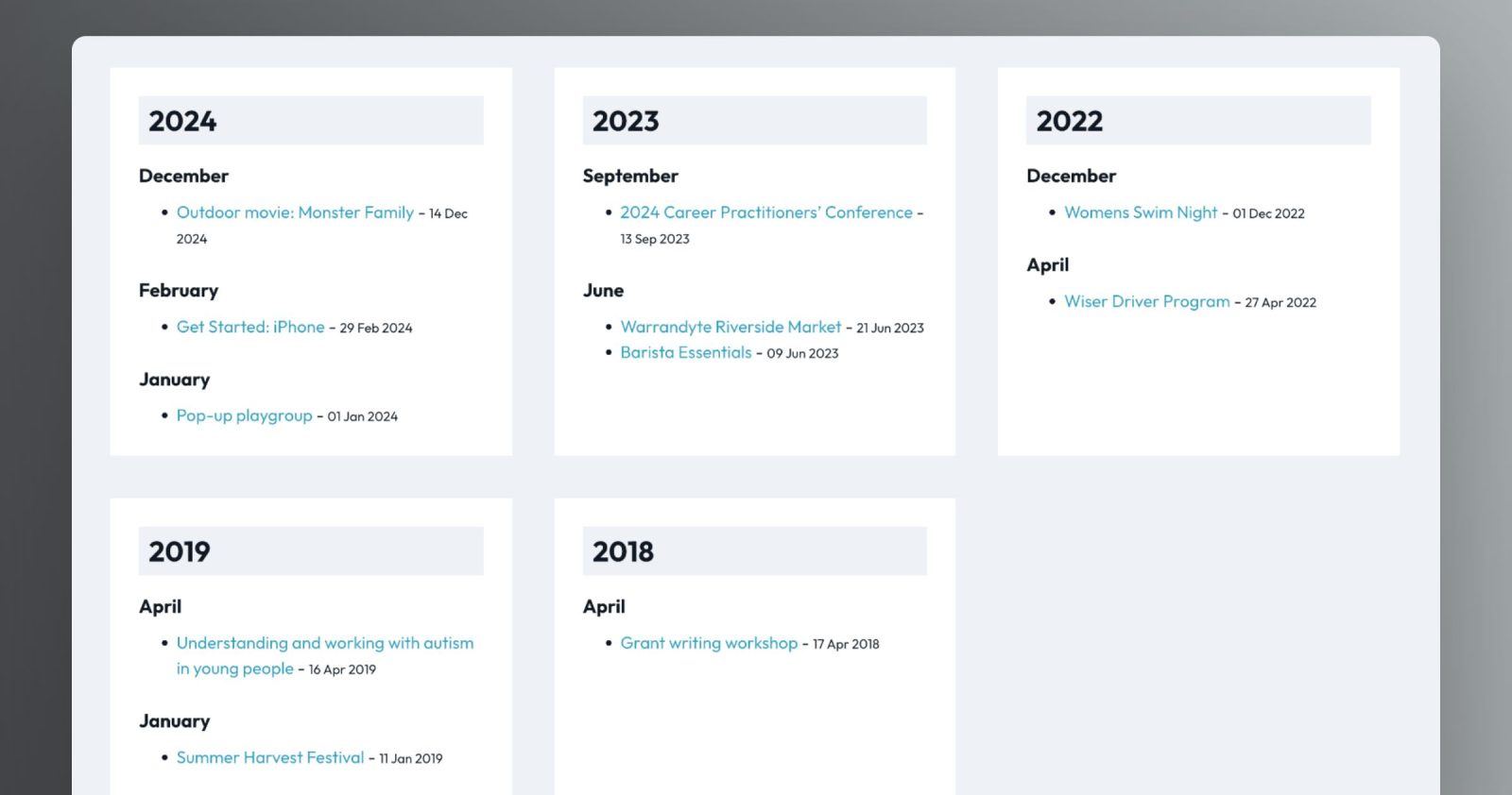 Events grouped by months within years based on event date custom field value